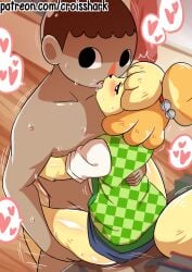 1girl1boy animal_crossing animal_crossing_boy animal_crossing_new_horizons animal_crossing_new_leaf bells black_eyes blush blush clothed_female_nude_male clothed_sex clothing croisshark french_kiss french_kissing furry heart heart-shaped_pupils hugging human_on_anthro isabelle_(animal_crossing) kissing kissing_while_penetrated nintendo stand_and_carry_position standing standing_sex tongue vaginal_penetration vaginal_sex villager_(animal_crossing)