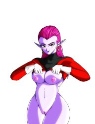 1girls alien alien_girl alien_humanoid areola areolae big_breasts blue_lips blue_lipstick blush bottomless breasts cocotte curvaceous curvy curvy_figure dragon_ball dragon_ball_super earrings elf_ears female female_focus female_only flashing gloves green_eyes jewelry long_hair looking_at_viewer makeup midriff navel nipples pink_nipples pointy_ears purple_hair purple_skin shiny_hair shiny_skin smile smiling smiling_at_viewer solo solo_female solo_focus stripping thick_thighs topwear voluptuous wide_hips yahirart yellow_eyes