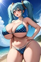 ai_generated annoyed beach bikini blue_bikini blush cameltoe contrapposto frilled_bikini gigantic_breasts gigantic_thighs hand_on_hip league_of_legends open_mouth outdoors polka_dot polka_dot_bikini skindentation sona_buvelle stable_diffusion thick_thighs venus_body wide_hips