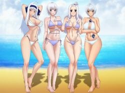 4girls amenoosa angel_(fairy_tail) armpits beach bikini blue_eyes cleavage fairy_tail large_breasts lisanna_strauss long_hair looking_at_viewer mirajane_strauss posing seaside short_hair sisters sorano_aguria tattoo white_hair yukino_aguria