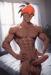 1boy abs ai_generated ai_golden_map balls blue_eyes dark-skinned_male dark_skin erection male_only monster_cock muscular muscular_male novelai pecs penis pokemon pokemon_ss pubes raihan_(pokemon) tagme