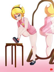 1girls ass blonde_hair cartoon_network dress dressing female female_only frown gradient gradient_background hairband jlullaby mandy mandy_(billy_and_mandy) mary_janes mirror no_panties pink_dress pussy reflection short_hair silver_eyes solo standing the_grim_adventures_of_billy_and_mandy uncensored young