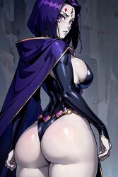 ai_generated anime anime_style big_breasts bodysuit breasts butt cape covered_nipples eyes female female_focus female_only focus focus_on_ass from_behind_position hands hd hd_(traditional) high_resolution highres hood looking_back model pose posing_for_picture posing_for_the_viewer purple_eyes purple_hair rachel_roth raven_(dc) shiny shiny_ass shiny_skin short_hair side_boob simple_background sky4maleja teen_titans thick_ass thick_thighs waist