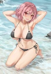 absurdres amagi_(amagi626) armpits arms_up bare_arms bare_legs bare_shoulders barefoot beach bikini black_bikini breasts female front-tie_bikini_top front-tie_top full_body hair_between_eyes highres kneeling large_breasts looking_at_viewer mature_female milf outdoors pink_hair red_eyes saigyouji_yuyuko short_hair side-tie_bikini_bottom smile solo string_bikini swimsuit touhou water yuyuko_saigyouji