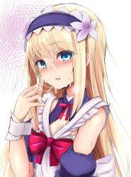 1other apron bare_shoulders blonde_hair blue_dress blue_eyes chevalier_d'eon_(fate) chevalier_d'eon_(maid_knight)_(fate) cleavage_cutout clothing_cutout commentary_request cum dress facial fate/grand_order fate_(series) flower frilled_dress frills hair_flower hair_ornament hairband highres long_hair looking_at_viewer neck_ribbon open_mouth ribbon sen_(astronomy) sidelocks solo white_apron