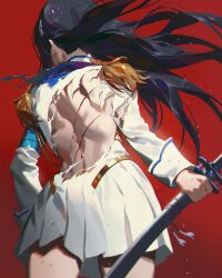 1girls back_muscles back_view bakuzan battle_damage black_hair blood blood_drip clothed exposed_back fajyobore female female_only human injury junketsu kill_la_kill kiryuuin_satsuki light-skinned_female looking_away muscular muscular_female ripped_clothing scratches skirt solo sword thighs torn_clothes torn_shirt uniform
