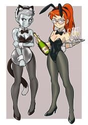 blush bow bowtie bunny_ears bunnysuit cartoon_network cat_ears cat_tail centinel303 cleavage detached_collar drink embarrassed glasses hair high_heels infinity_train lake_(infinity_train) leotard orange_hair platter ponytail shoes short_hair silver_skin smirk tulip_olsen