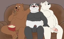 anthro balls bear belly blush breasts brown_body cartoon_network claws digital_media_(artwork) embarrassed erection feet food fur furniture genitals giant_panda grizzly_(wbb) grizzly_(we_bare_bears) group hair humanoid_genitalia ice_bear ice_bear_(we_bare_bears) male male/male mammal nude open_mouth overweight overweight_male panda_(wbb) panda_(we_bare_bears) penile penis popcorn rhox simple_background sitting smile snack snowbear sofa tongue trio we_bare_bears white_body white_fur