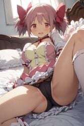 ai_generated gloves hair_ribbon legs_apart legs_spread madoka_kaname magical_girl mahou_shoujo_madoka_magica medium_breasts panties pink_eyes pink_hair puella_magi_madoka_magica red_ribbon ribbon ribbons soul_gem thick_thighs twintails