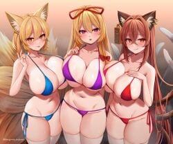 3girls :o :p :q aged_up alternate_breast_size animal_ear_fluff animal_ear_piercing animal_ears bikini breasts brown_hair cat_ears cat_tail chen closed_mouth commentary_request cowboy_shot fox_ears fox_shadow_puppet huge_breasts large_breasts long_hair looking_at_viewer marota mature_female milf multi_tail multiple_girls nail_polish no_headwear orange_eyes parted_lips purple_eyes ran_yakumo skindentation smile swimsuit tails thighhighs tongue tongue_out touhou very_long_hair white_thighhighs yakumo_ran yakumo_yukari yukari_yakumo