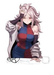 1girls android_21 android_21_(human) big_breasts checkered checkered_clothes desk dragon_ball dragon_ball_fighterz dragon_ball_z glasses lab_coat labcoat looking_at_viewer red_eyes ring vomi_(dragon_ball) white_hair zquung