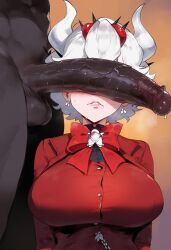 1boy 1girls ai_generated beelzebub_(helltaker) big_breasts big_penis breasts clothing dark-skinned_male dark_skin demon demon_girl female helltaker horn huge_penis imminent_oral imminent_sex interracial male penis penis_awe penis_covering_eyes penis_on_face veiny_penis white_hair