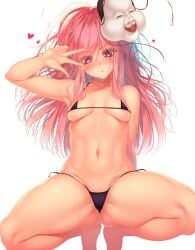 arm_behind_back bikini black_bikini blush breasts collarbone eyelashes eyes_visible_through_hair female hata_no_kokoro head_tilt heart highres long_hair looking_at_viewer mask medium_breasts micro_bikini navel pink_eyes pink_hair rukitsura simple_background solo squatting string_bikini swimsuit touhou underboob v wet white_background