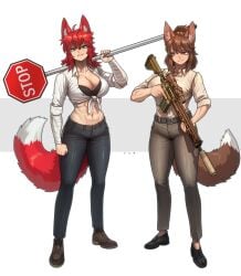 2024 2girls abs animal_humanoid assault_rifle belt big_breasts black_bra black_clothing black_underwear blue_eyes bottomwear bra breasts brown_body brown_fur brown_hair canid canid_humanoid canine canine_humanoid cleavage clothed clothing collarbone commission denim denim_bottomwear denim_clothing dipstick_tail duo eyebrows eyelashes female female_only footwear fox_humanoid fur glistening glistening_breasts green_eyes gun hair hi_res humanoid inner_ear_fluff jeans light_body light_skin looking_at_viewer mammal mammal_humanoid markings midriff navel pants pgm300 ranged_weapon red_body red_fur red_hair rifle schewiener scope shirt shoes smiling smiling_at_viewer stop_sign tail tail_markings tied_shirt topwear tuft underwear weapon wraps wrist_wraps