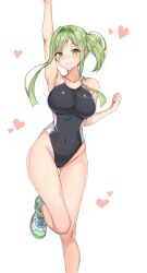 absurdres alternate_hairstyle amagi_(amagi626) arm_up armpits black_one-piece_swimsuit breasts competition_swimsuit covered_navel curvy female green_eyes green_hair green_hairband grey_footwear groin hairband highleg highleg_swimsuit highres impossible_clothes impossible_swimsuit knee_up looking_at_viewer mai_teireida medium_breasts narrow_waist one-piece_swimsuit paid_reward_available shoes short_hair short_hair_with_long_locks side_ponytail sneakers solo standing standing_on_one_leg swimsuit teireida_mai touhou wide_hips