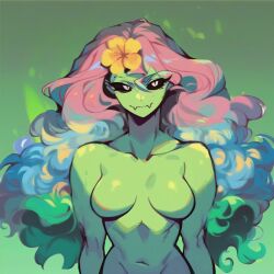 1girls ai_generated aiposter belly belly_button black_eyes blue_hair breasts colorful_hair featureless_breasts female female_focus female_only floran flower flower_in_hair flower_on_head gradient_background green_background green_body green_hair light_smile looking_at_viewer nude nuru_(starbound) pink_hair request skin_fang smile solo solo_focus starbound white_eyes