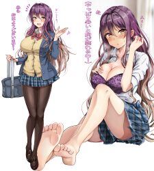 :d :o absurdres alternate_costume amagi_(amagi626) bag bare_legs barefoot big_breasts blazer blue_jacket blue_skirt blush bow bowtie bra breasts brown_hair brown_shirt carrying_bag feet female gradient_hair hand_up handbag heavy_breathing highres hijiri_byakuren jacket knee_up large_breasts leggings legs loafers long_hair looking_at_viewer mature_female milf miniskirt multicolored_hair multiple_views no_socks open_clothes open_mouth open_shirt pantyhose plaid plaid_bow plaid_skirt purple_bra purple_hair red_bow red_bowtie school_uniform shirt shoes simple_background sitting skirt smile soles sweater sweater_vest toenails toes touhou translated two-tone_hair underwear wavy_hair white_background yellow_eyes