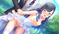 ai_generated blue_hair boob_grab breast_grab censored cum_in_pussy dress orange_eyes project_sekai shiraishi_an wedding wedding_dress wedding_suit white_day