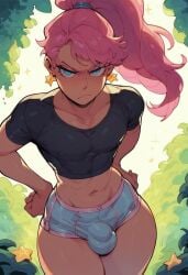 ai_generated angry blue_eyes boyshorts bulge femboy hands_on_hips mercury_(midas_hentai) midas_hentai pink_hair ponytail