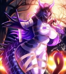 absurd_res anthro aroused bandage dark female female/female food fruit genitals halloween hi_res holidays invalid_tag light lusty moon nipples nude oxygeni plant pumpkin pussy reptile scales scalie snake solo tree ych