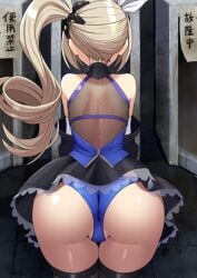 1girls ass ass_focus back bare_shoulders black_thighhighs blonde_hair blue_dress blue_panties dress from_behind girls'_frontline girls'_frontline_2:_exilium hair_ornament looking_at_viewer lowres ninopal panties sharkry side_ponytail thighhighs thighs turtleneck underwear upskirt