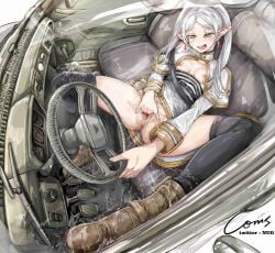 absurdres black_thighhighs capelet car car_interior car_seat commission driving earrings elf female female_masturbation fingering frieren green_eyes grey_hair highres jewelry left-hand_drive long_hair long_sleeves lying masturbation motor_vehicle nipples nui_gurumi open_mouth parted_bangs pointy_ears pussy pussy_juice seatbelt solo sousou_no_frieren steering_wheel teardrop_earrings thighhighs twintails vehicle_interior white_capelet white_hair