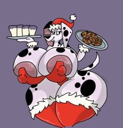 101_dalmatian_street 101_dalmatians absurd_res anthro areola areola_slip beverage big_breasts breasts canid canine canis christmas christmas_clothing christmas_headwear clothing cookie costume dalmatian delilah_(101_dalmatians) disney domestic_dog female food hat headgear headwear hi_res holidays huge_breasts luxioboi22 mammal milk mother_(lore) nipple_outline parent_(lore) santa_costume santa_dress santa_hat solo thick_thighs wide_hips