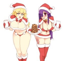 2girl blonde_hair christmas female looking_at_viewer purple_hair rtil santa_costume santa_hat