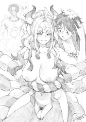 1boy 1boy1girl big_breasts breasts breasts_out female fkscrashing long_hair male monkey_d_luffy naked_female nipples no_bra no_panties nude_female one_piece pussy pussy_hair showing_breasts showing_pussy sitting smile suprised_eyes suprised_look white_hair yamato_(one_piece)