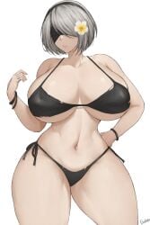 1girls batako batako_(batakoart) bikini black_bikini blindfold bracelet breasts cleavage curvy female female_focus flower flower_on_head hand_on_own_hip highres huge_breasts jewelry mole mole_under_mouth navel nier nier:_automata nier_(series) ring short_hair skindentation solo swimsuit thick_thighs thighs torn_clothes white_hair wide_hips yorha_2b