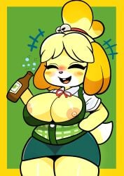 1girls 2024 alcohol animal_crossing areolae bell_collar belt big_breasts blonde_hair blush breasts breasts_out canine cleavage closed_eyes clothed clothing collar domestic_dog drunk female female_only furry_funnychan hi_res isabelle_(animal_crossing) nintendo nipple_slip nipples open_mouth orange_nipples simple_background solo solo_female tail thick_thighs unbuttoned_shirt yellow_fur