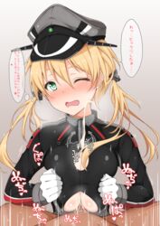 anchor_hair_ornament aqua_eyes blonde_hair blush breasts cleavage_cutout cum ejaculation female fuurai_(resuty) gloves hair_ornament hat heart heart-shaped_pupils highres iron_cross kantai_collection large_breasts long_hair long_sleeves male military military_uniform motion_lines one_eye_closed open_mouth paizuri paizuri_under_clothes peaked_cap penis prinz_eugen_(kantai_collection) solo_focus straight symbol-shaped_pupils text tied_hair translation_request twintails underboob uniform white_gloves