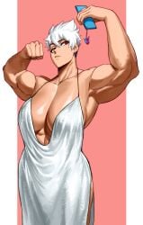 athletic_female big_breasts cellphone flexing looking_at_phone muscular_female red_eyes short_hair sotcho spiky_hair taking_selfie white_hair