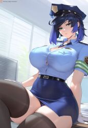 1girls ai_generated bangs belt black_belt black_clothes black_hair black_legwear black_necktie black_thighhighs blue_hair blue_headwear blue_panties blue_shirt blue_skirt blush bob_cut breasts brown_thighhighs chair cleavage clothing collared_shirt crossed_legs curvaceous curvaceous_female curvaceous_figure curvy curvy_figure desk diagonal_bangs earrings female female female_focus female_only genshin_impact gloves green_eyes hat headwear high-waist_skirt hydrolis999 indoors inviting inviting_to_sex jewelry large_breasts legwear looking_at_viewer miniskirt mole mole_on_breast mole_under_eye multicolored_hair necktie on_desk pantsu parted_lips pencil_skirt police police_hat police_uniform policewoman seductive seductive_look seductive_smile shirt shirt_tucked_in short_hair short_sleeves sitting skirt solo thick_thighs thighhighs thighs two-tone_hair underwear uniform voluptuous voluptuous_female white_gloves white_shirt yelan_(genshin_impact)