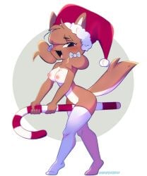 1girls baozi_(diives) blush breasts candy_cane canine christmas christmas_outfit cleavage colored diives female female_focus female_only fur furry hat holidays nipples oopsynsfw tagme tail xingzuo_temple