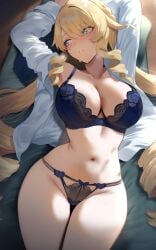 ai_generated armpits arms_behind_head bare_belly bare_legs bare_shoulders bare_thighs bed bed_sheet belly_button big_breasts blonde_hair blue_bra blue_eyes blue_thong blush bra breasts cleavage closed_mouth collarbone drill_hair genshin_impact indoors lace-trimmed_thong lingerie long_hair lying navia_(genshin_impact) open_shirt setsuaiart sweatdrop thick_thighs thighs thong underwear