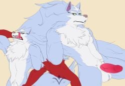 anthro arashi_nabudis_(artist) balls blue_body blue_fur campfire_cooking_in_another_world_with_my_absurd_skill canid canine canis digital_media_(artwork) fel_(fenrir) flat_colors fur genitals green_eyes licking licking_lips looking_at_viewer male mammal neck_tuft penis red_body red_fur simple_background solo tongue tongue_out tuft white_body white_fur wolf