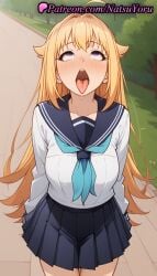 1girls ahe_gao ahoge ai_generated anime anime_style antenna_hair bangs black_sailor_collar black_skirt blonde_hair blue_neckerchief blue_sailor_collar blue_skirt blush breasts bust busty cowboy_shot female female_focus female_only hair_flaps hentai hypnosis koshi_torako large_breasts long_hair long_sleeves looking_up mind_control my_deer_friend_nokotan natsuyoru neckerchief open_mouth oral_invitation outdoors pleated_skirt purple_eyes rolling_eyes sailor_collar sailor_uniform saliva school_uniform serafuku shirt skirt solo solo_female teeth tongue tongue_out tree uvula voluptuous voluptuous_female white_shirt