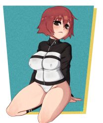 1girls black_legwear blush brown_eyes female freckles jacket jarp-art kim_pine kneeling legwear nipple_bulge panties partially_clothed red_hair scott_pilgrim short_hair solo solo_female stockings white_panties