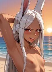 ai_generated angry_smile armpits beach blush bunny_ears cute dark_skin flat_chest looking_at_viewer mirko miruko my_hero_academia nude one_arm_up petite red_eyes rumi_usagiyama small_breasts solo sunset tongue_out white_hair