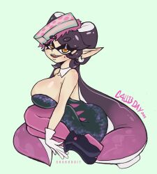 1girls artist_name breasts callie_(splatoon) detached_collar inkling inkling_girl large_breasts long_hair looking_at_viewer mole mole_under_eye nintendo open_mouth pointy_ears sharkbait simple_background splatoon tentacle_hair two_tone_hair yellow_eyes