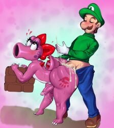 1boy 1femboy anal anal_sex anthro ass birdo block blue_pants bow bow_on_head closed_eyes clothing cum cum_in_anus doggy_style duo ejaculation eyes_rolling_back facial_hair fat_ass femboy futa_only futanari gloves green_hat green_shirt handprint_on_ass hat interspecies large_ass luigi makeup male male/futa male_focus male_only mamiemilk mario_(series) moustache nintendo penis penis_in_anus pink_body red_bow reptile scalie sex tail thick_ass