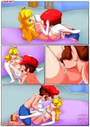 1boy 1girls bed bedroom blonde_hair blue_shorts breasts breasts_out brown_hair comic crown duo eating_pussy facial_hair female hat human human_on_human indoors legwear light-skinned_female light-skinned_male light_skin long_hair male male/female mario mario_(series) nintendo nipples open_mouth palcomix princess princess_peach pussy red_hat royalty shirtless shirtless_male shoes straight tongue tongue_out voluptuous voluptuous_female white_armwear white_gloves white_legwear