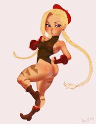 angellove44 ass beret blonde_hair blue_eyes boots braid breasts cammy_white capcom dutch_angle female female_only fingerless_gloves gloves hat human leotard long_hair nipples on_one_foot see-through solo standing street_fighter twin_braids very_long_hair