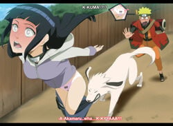 akamaru_(naruto) animal_pulling_clothes annria2002 canid canid_on_humanoid canine canine_on_human dog domestic_dog female female_human feral fur hetero human hyuuga_hinata male male/female male_canine naruto naruto_shippuden naughty_animal panties pants_pulled_down print_panties underwear uzumaki_naruto white_fur