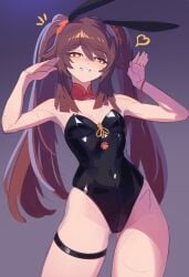 bunnysuit genshin_impact hu_tao_(genshin_impact) huge_thighs leotard playboy_bunny thighs twintails