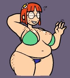 1girls 2d 2d_(artwork) ass bangs bikini bottomless bottomless_female braces breasts chubby cute daisy_(revlis_nahtan) female flower flower_in_hair freckles freckles_on_ass freckles_on_face glasses huge_ass huge_breasts nerd nerdy nerdy_female orange_eyes orange_hair original original_character revlis_nahtan smile solo thick_ass waving