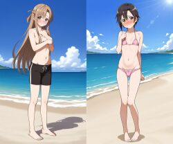 ai_generated beach bikini black_hair blush both_sexes_in_same_situation brown_hair bulge covering covering_breasts cute embarrassed embarrassed_male femboy kirigaya_kazuto kirito kirito_(sao-ggo) looking_at_viewer nervous nervous_smile petite petite_body petite_femboy petite_male pink_bikini pretty_boy reverse_outfit short_hair shy small_bulge small_penis standing swimming_trunks sword_art_online trap yuuki_asuna zoner_check