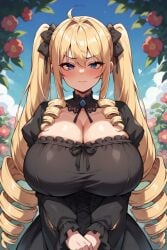 ai_generated big_breasts black_dress blonde_hair blue_eyes drill_hair flower huge_breasts lolita_fashion looking_at_viewer massive_breasts ojou-sama original_character tagme touching_hands tsundere