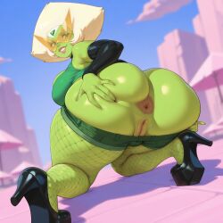 1girls ai_generated armwear ass curvy fishnet_legwear glasses green_hair green_skin heels looking_at_viewer looking_back medium_breasts peridot_(steven_universe) presenting_anus pussy relaxing smile steven_universe tanning thick_thighs